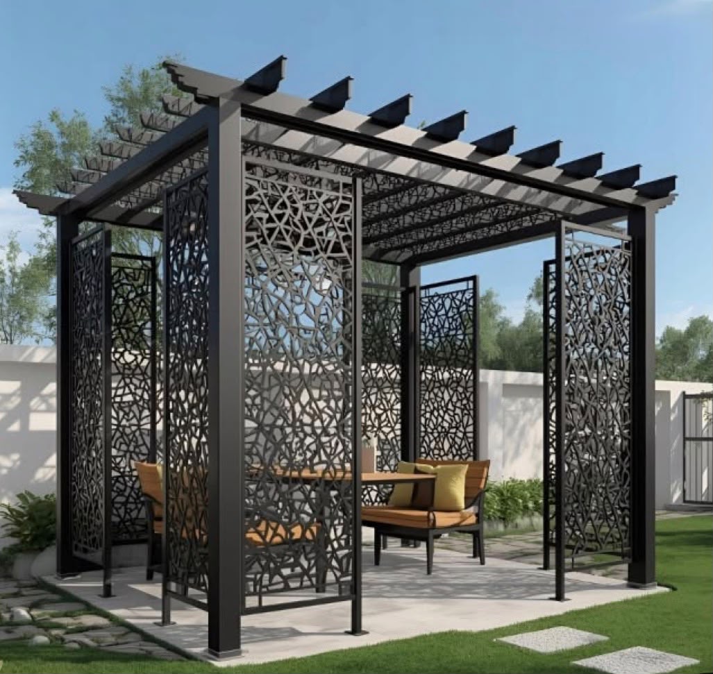 Laser-cut iron pergola fabricated by Shoukat Fabrication, showing the level of custom detail work done in-house